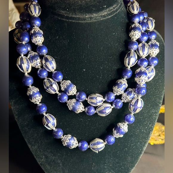 Vintage Jewelry - VTG MCM Triple strand purple and silver bead necklace. Made in Hong Kong.